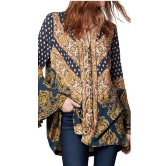 Free People Magic Mystery Tunic Dress Womens S Boho Mixed Print Bell Sleeve - Picture 2 of 12